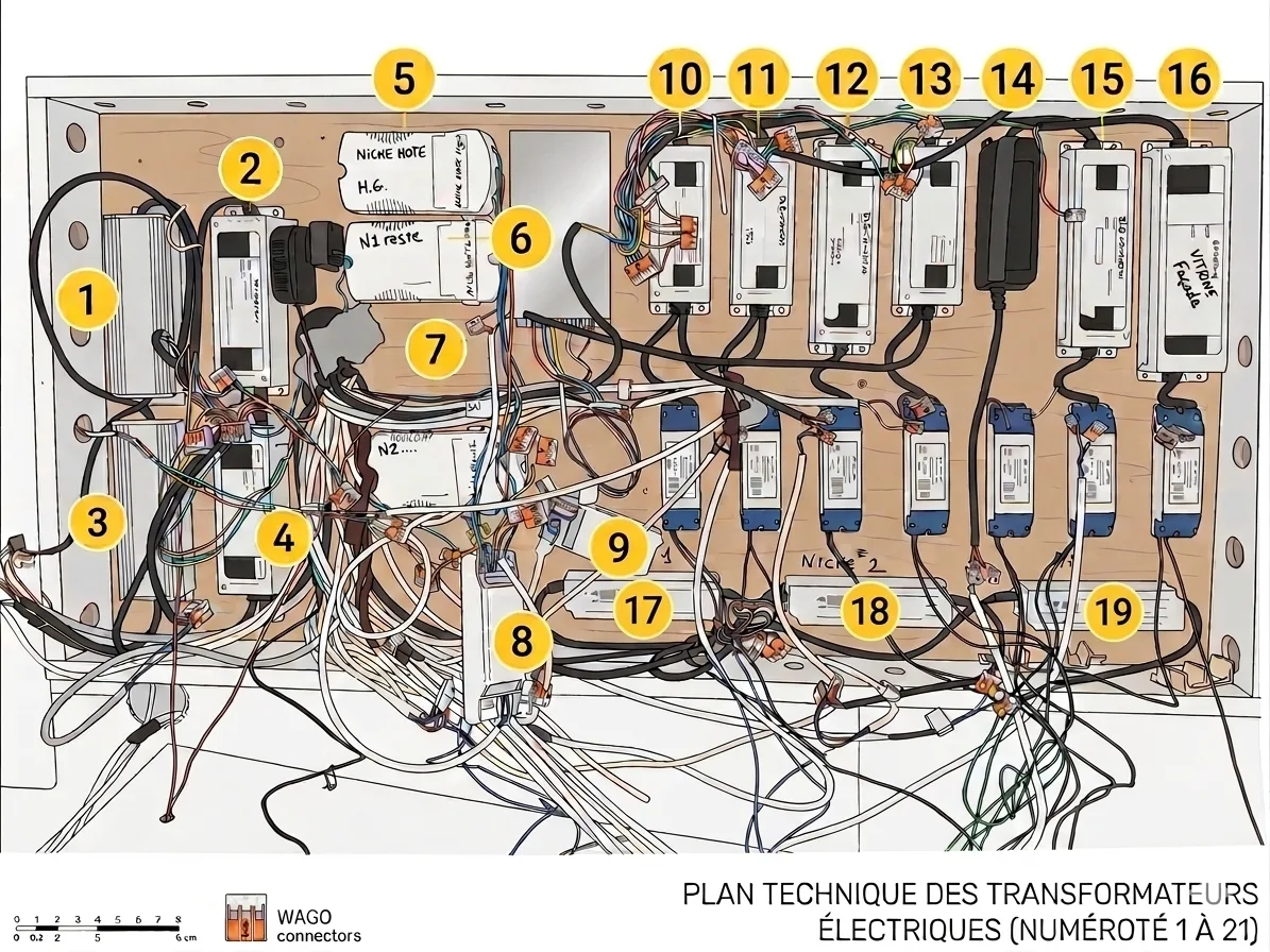 Repérage et identification des transformateurs d'éclairages chez un bijoutier